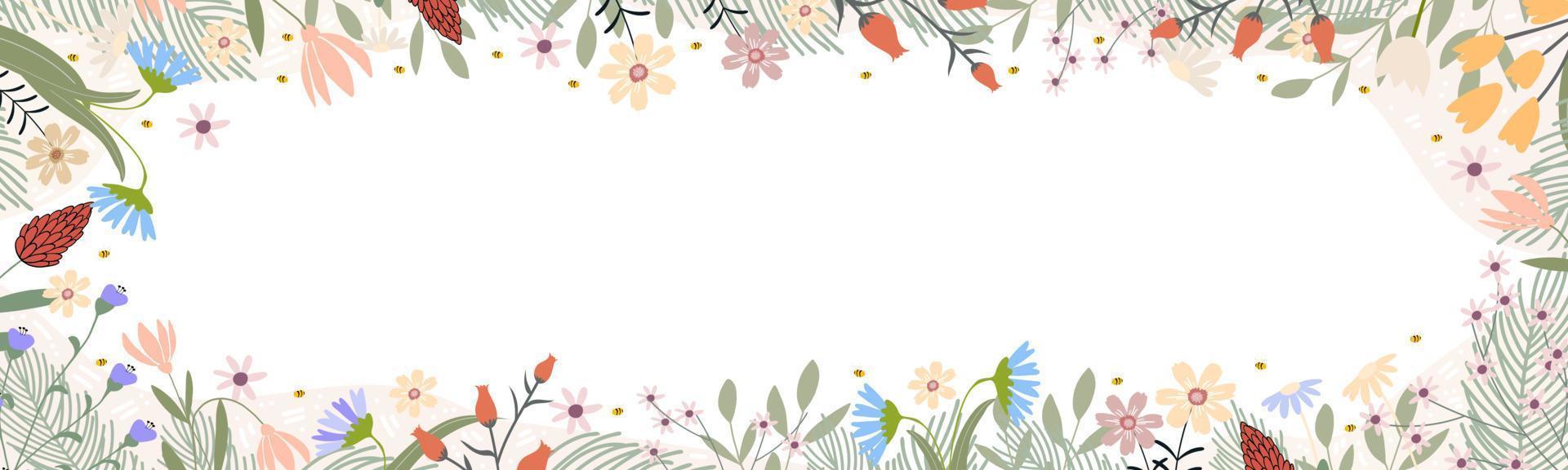 Frühling Banner Blumen- Dekoration mit süß mehrfarbig Blühen Blumen Rand auf Weiß hintergrund.vektor horizontal Banner Sommer- Flora rahmen, schön botanisch zum Mutter Tag, Frauen tag, valentinstag vektor