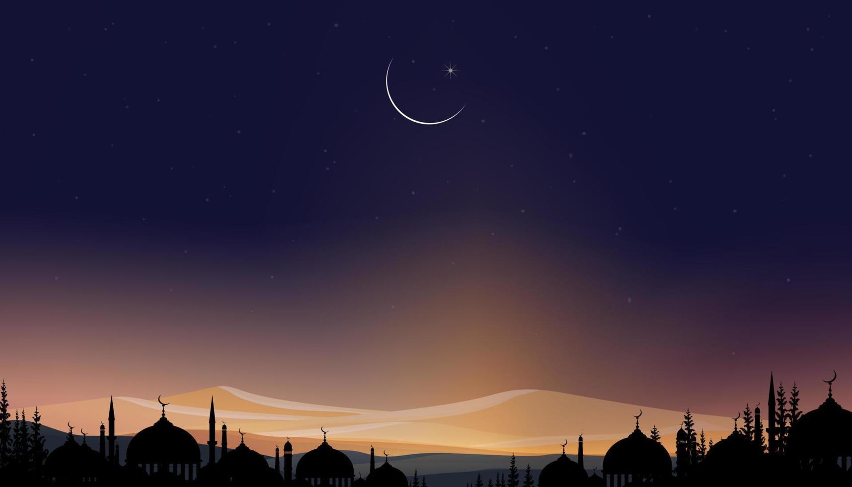 Ramadan kareem Karte, Silhouette Kuppel Moscheen, Halbmond Mondstern auf Dämmerung Himmel, Vektor Religionen symbolisch von islamisch zum großzügig Ramadan, neu Mond, Gebet Zeit.eid Mubarak, Eid al adha, eid al fitr