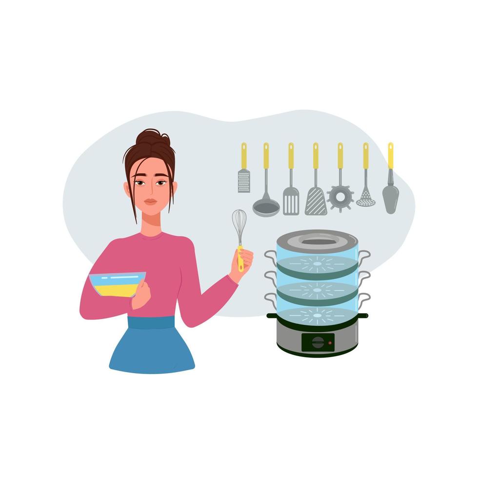 trött kvinna förbereder mat, rutin- och hushållsarbete av en hemmafru. vektor illustration i platt stil