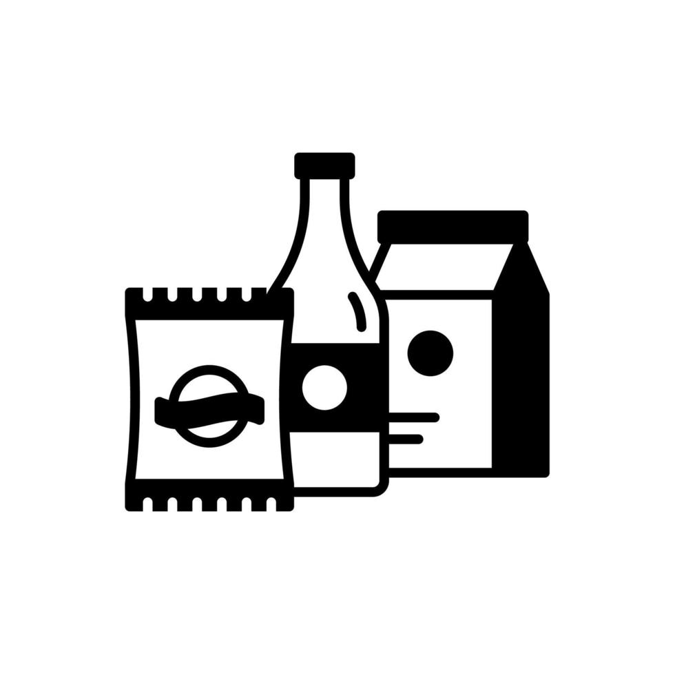 dagligen förnödenheter produkt förpackning ikon sådan som mellanmål, sirap eller ketchup flaska, och mjölk låda vektor