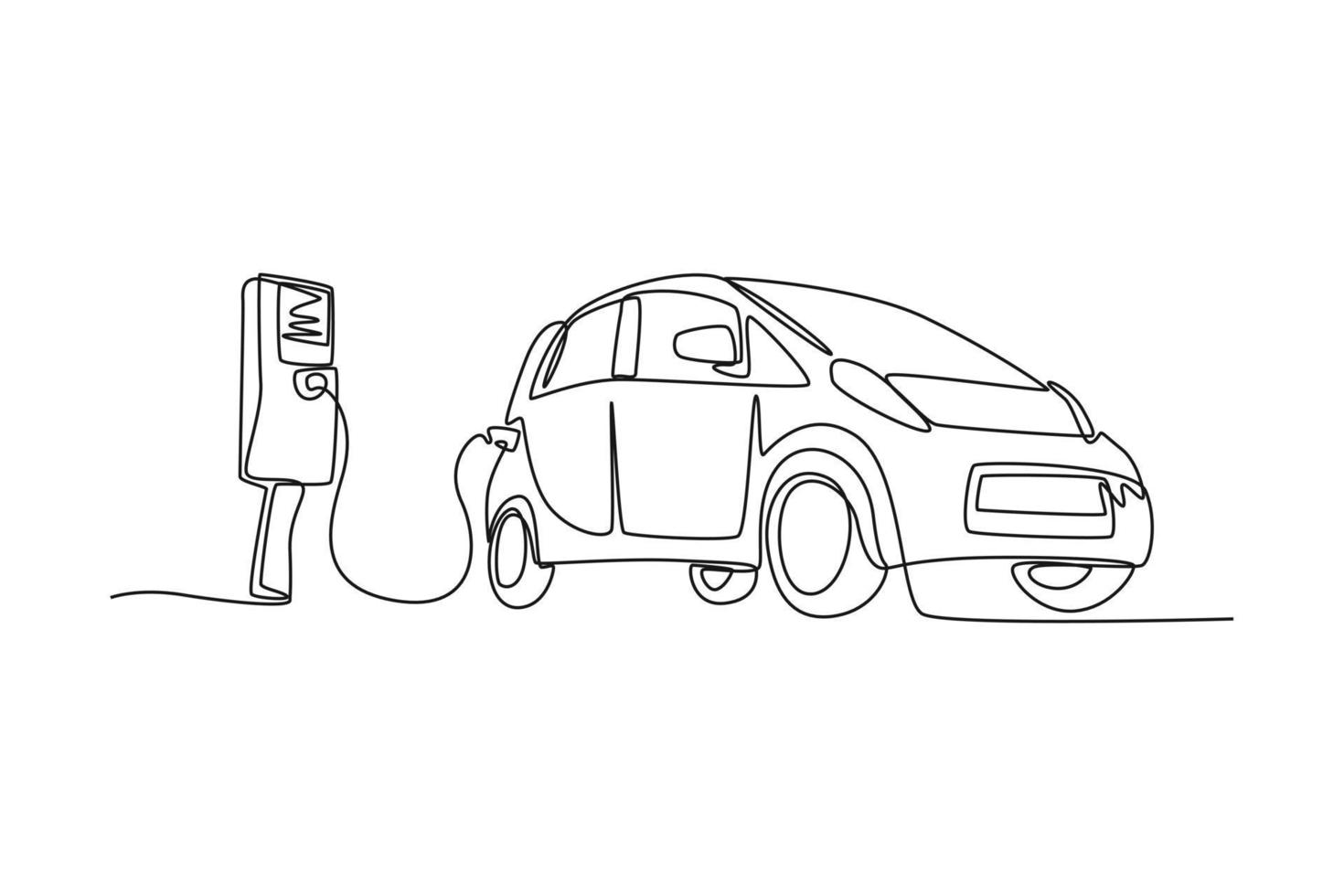 kontinuierlich eine Linie Zeichnung von modern elektrisch Auto ist aufladen. elektrisch Auto Konzept Single Linie zeichnet Design Grafik Vektor Illustration