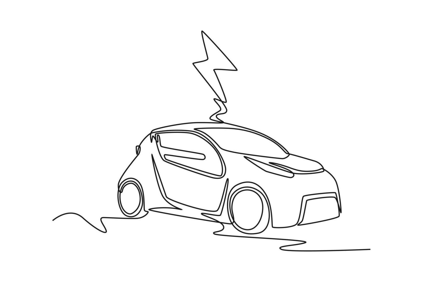 kontinuerlig en linje teckning elektrisk bil med elektrisk symbol på Det. elektrisk bil begrepp enda linje drar design grafisk vektor illustration