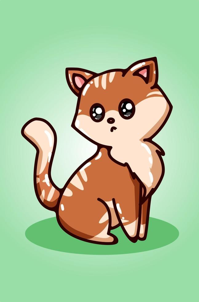 söt brun katt på grön bakgrundshandritning vektor