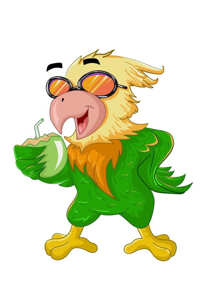 Ein gelbgrüner Vogel mit Brille bringt im Sommer das Kokosnussgetränk vektor