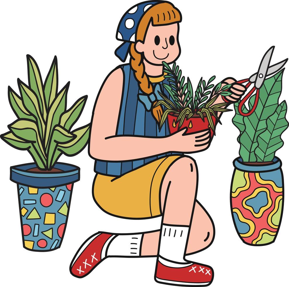 jung Frau Pflanzen Pflanzen im Töpfe Illustration im Gekritzel Stil vektor