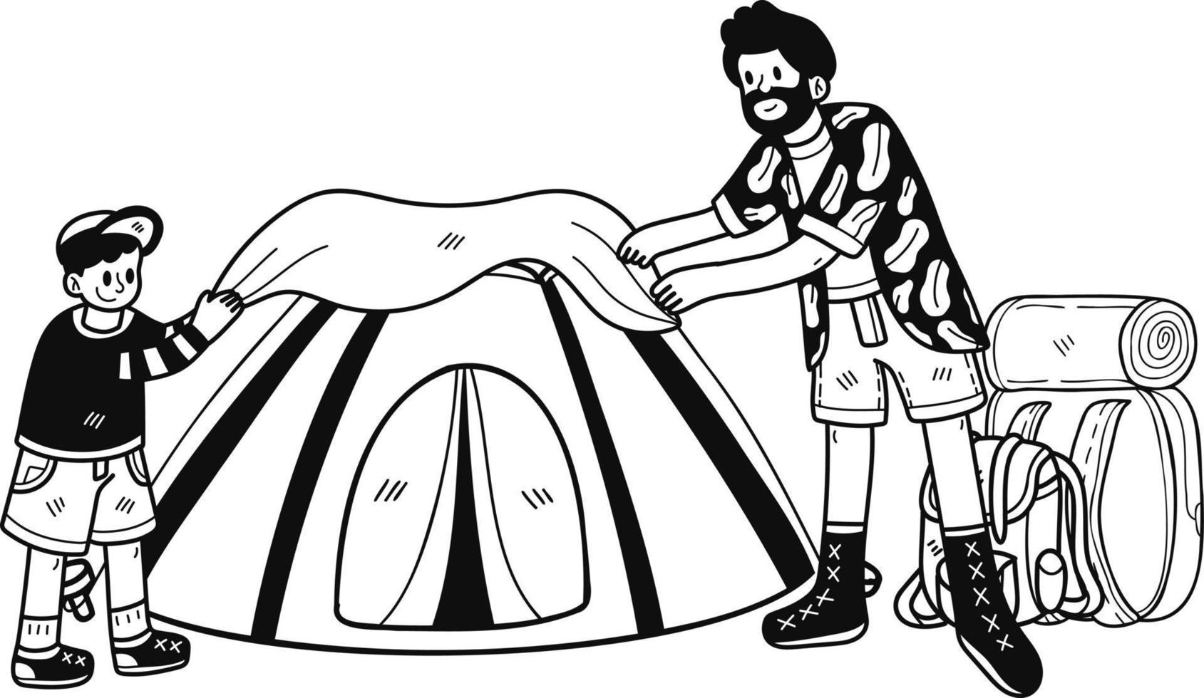 familj portion till uppsättning upp en tält för camping illustration i klotter stil vektor