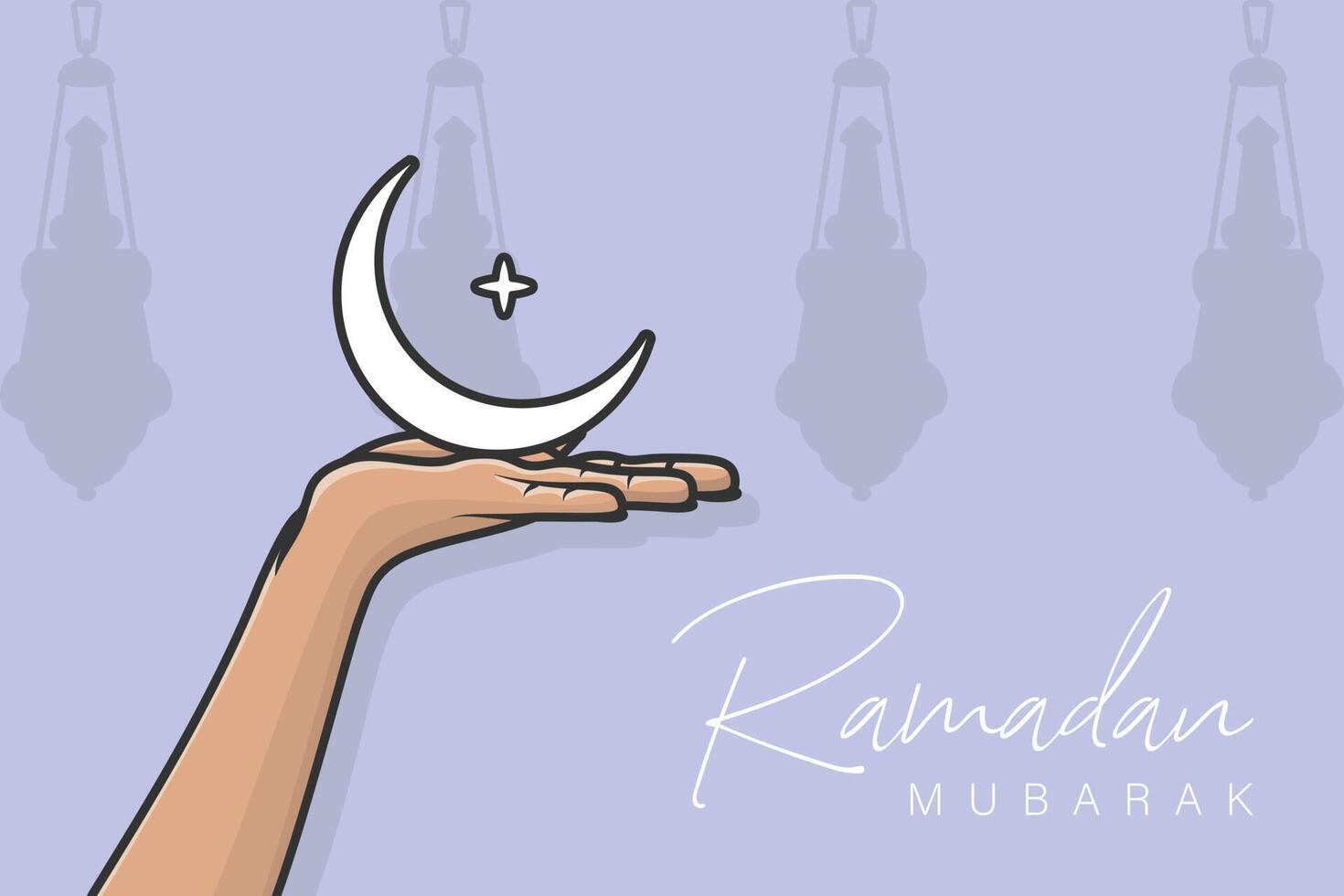 Ramadan kareem Gruß mit Halbmond Mond im Hand Vektor Illustration. Ramadan Symbol Konzept. Ramadan Laterne Lampe und Mond Symbol Design. Ramadan kareem Vektor Gruß Karte Design.