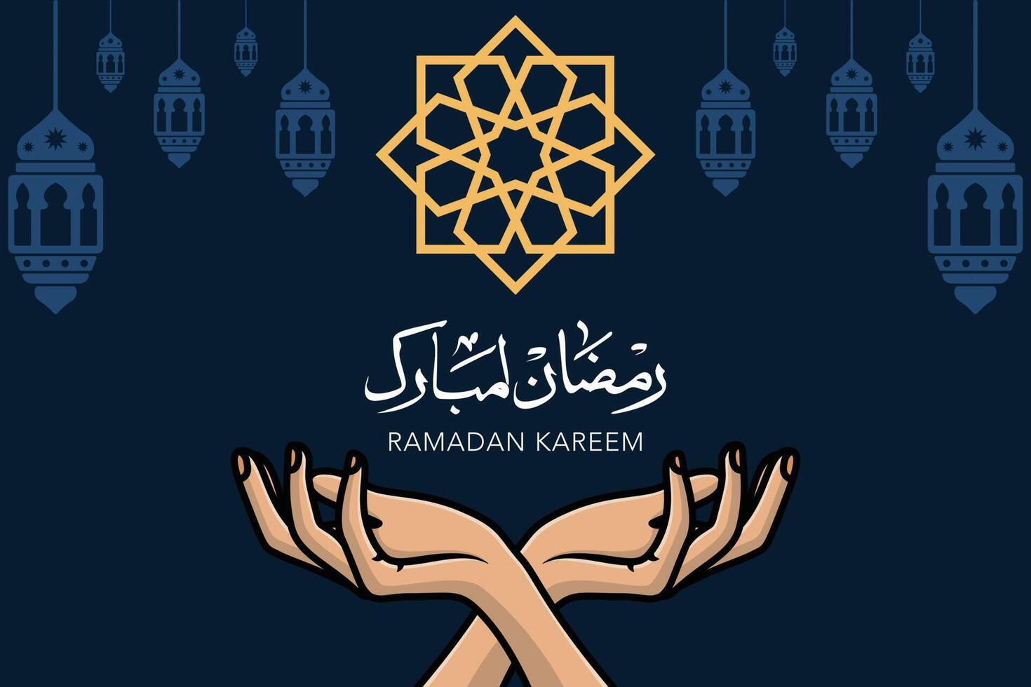 ramadan kareem hälsning affisch och händer vektor bakgrund illustration. islamic Semester ikon begrepp. ramadan kareem islamic bakgrund med lykta lampor vektor design.