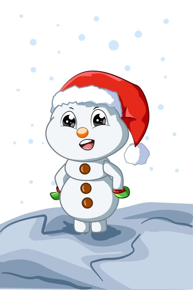 en liten och söt baby snögubbe som bär julhatt på vinternatten vektor