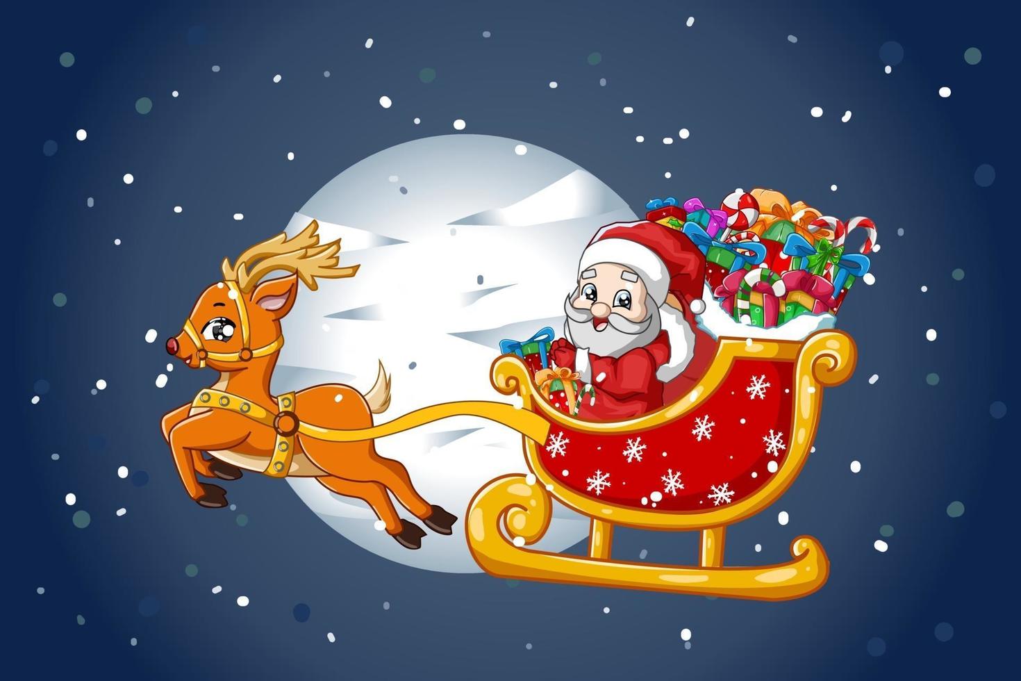 Weihnachtsmann auf einem Rentierschlitten, der Geschenke in der Weihnachtsnacht trägt vektor