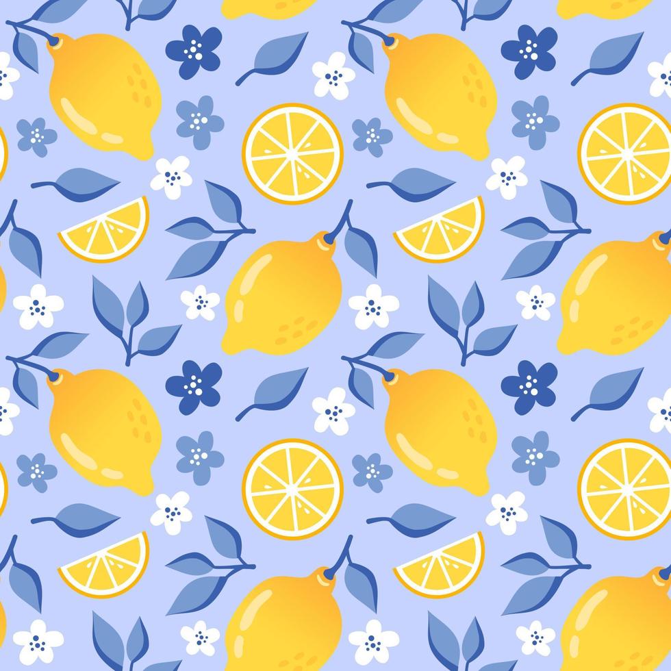 sommar sömlös mönster med citron, citron- skiva, vit blommor och mörk blå löv i platt stil, blå bakgrund. vektor illustration