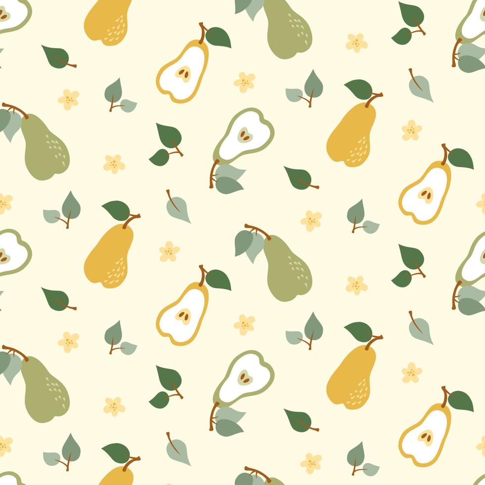 söt mönster med gul och grön päron och blommor i platt stil. vektor illustration