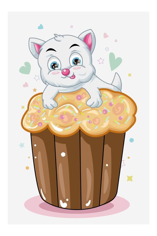 en söt liten vit katt på brun muffin vektor