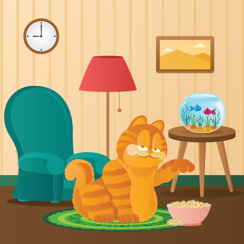Konzept von Fett Orange Katze genießen es ist Mahlzeit im Leben Zimmer vektor