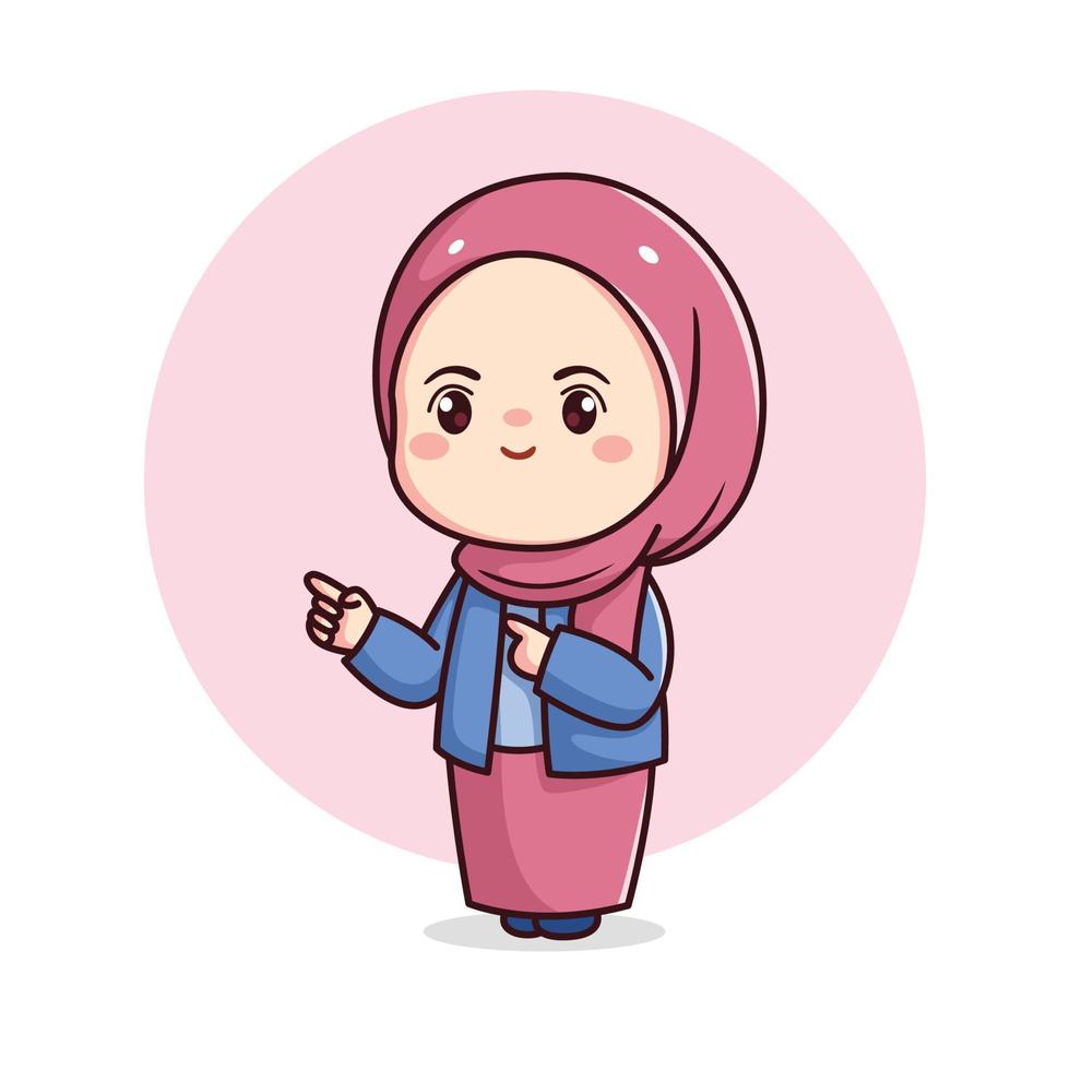 söt hijab flicka med pekande finger söt chibi vektor