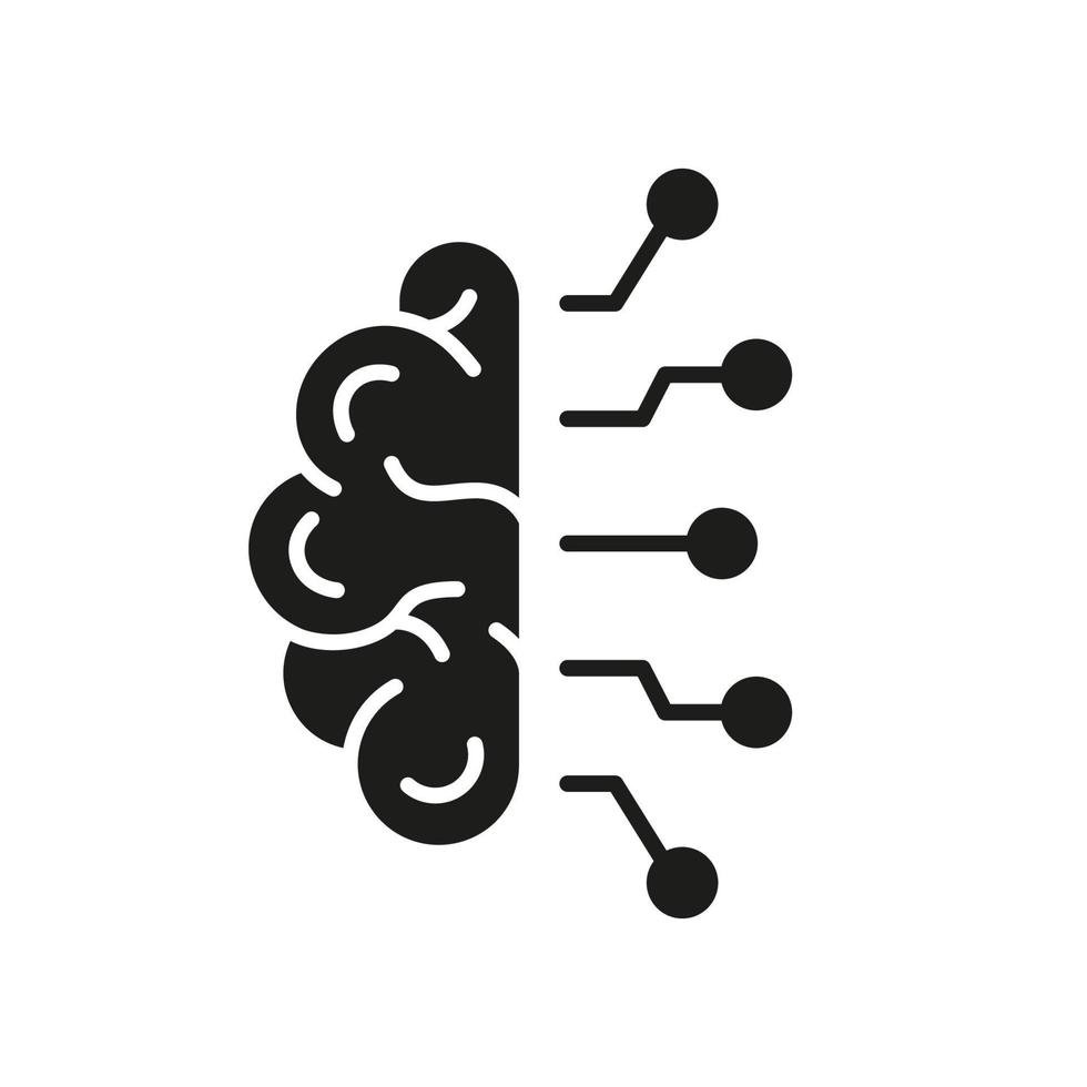 Mensch Gehirn und Netzwerk Technologie Glyphe Piktogramm. ai, Innovation Neurowissenschaften Konzept Symbol. künstlich Intelligenz Silhouette Symbol. isoliert Vektor Illustration.