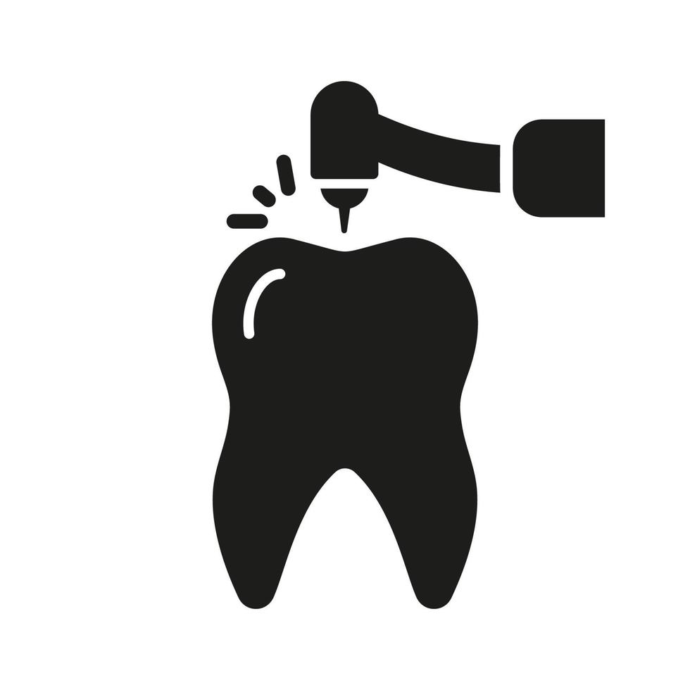 borrning tand med tandläkarens instrument silhuett ikon. tandläkare övningar tänder, endodontics procedur fast tecken. rot kanal behandling glyf piktogram. tandvård symbol. isolerat vektor illustration.