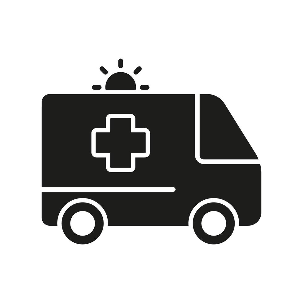 Krankenwagen Silhouette Symbol. Sanitäter Transport zum zuerst Hilfe Bedienung Symbol. Notfall Auto Glyphe Piktogramm. dringend medizinisch Hilfe Symbol. geduldig Transport. isoliert Vektor Illustration.