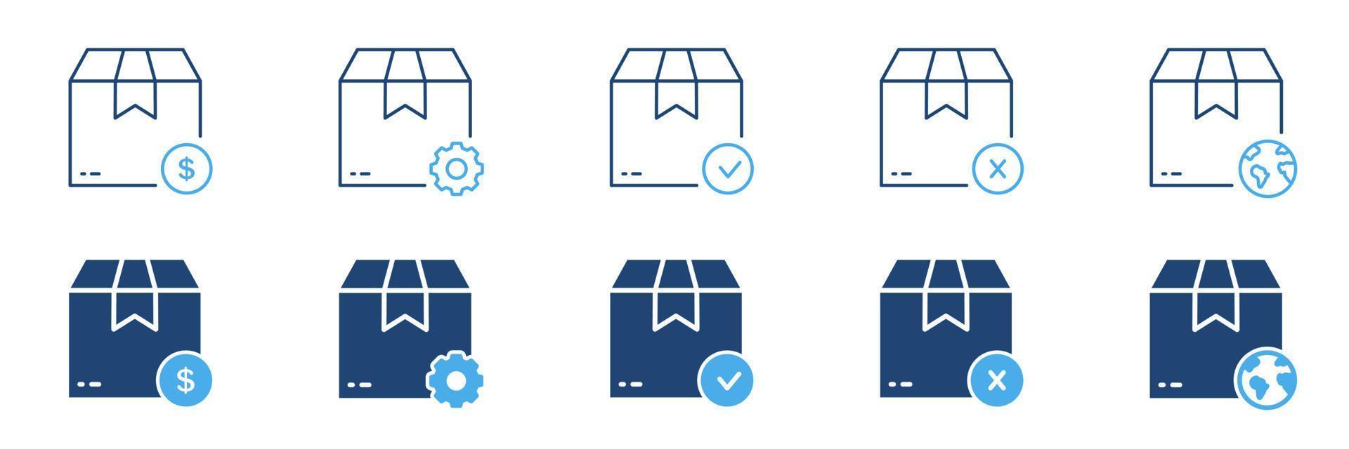 Karton Paket Box zum Lieferung Bedienung Sendung Silhouette und Linie Symbole Satz. Transport Ladung Produkt Pack Symbol. Karton Verpackung Post- Versand unterzeichnen. isoliert Vektor Illustration.