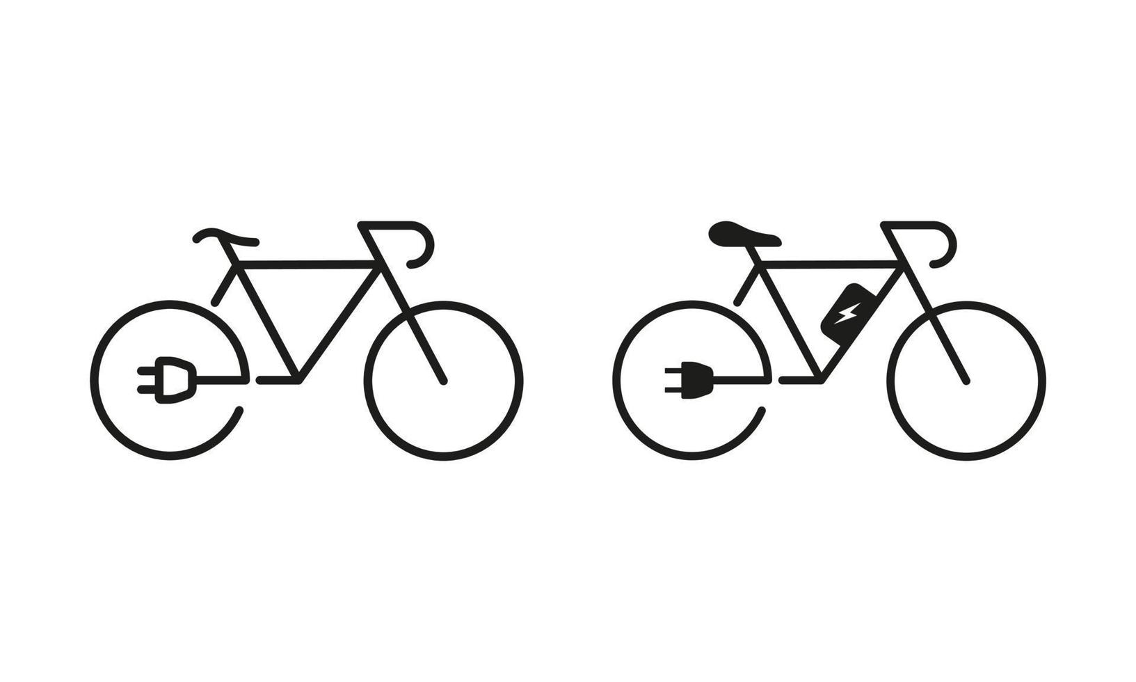 ökologisch elektrisch Fahrrad. Elektrizität Leistung Öko Fahrrad mit aufladen Stecker Symbol Sammlung auf Weiß Hintergrund. Grün Energie Fahrrad Linie und Silhouette Symbol Satz. isoliert Vektor Illustration.