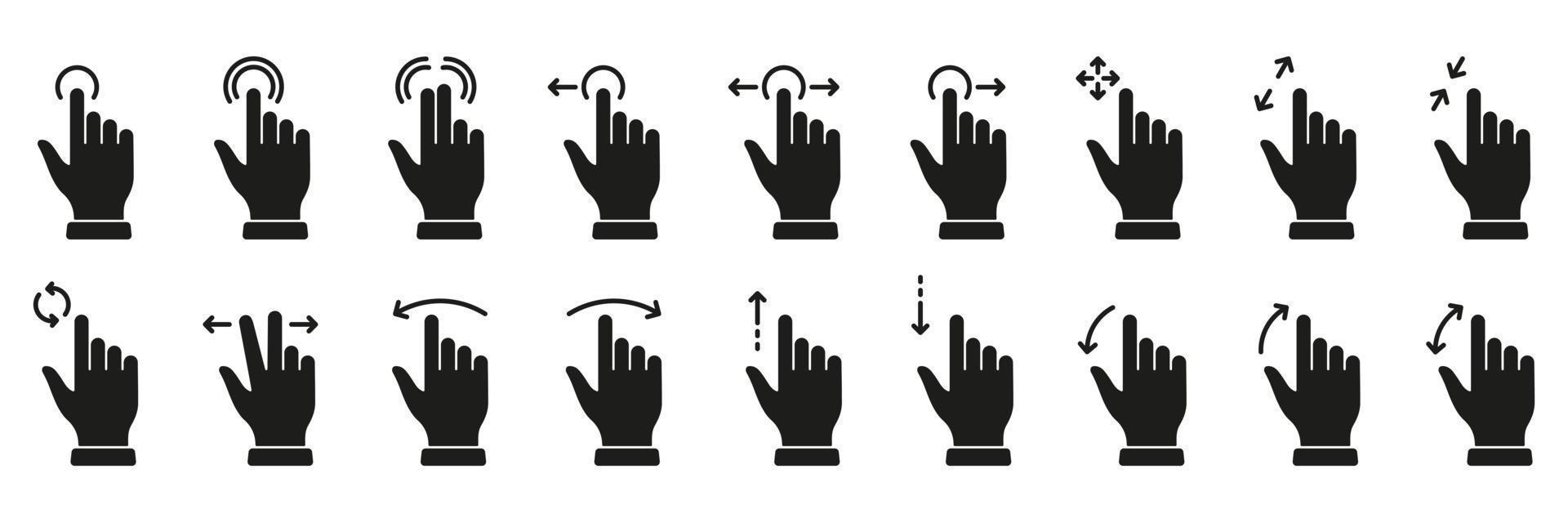 Zeiger Geste rutschen links und richtig schwarz solide Piktogramm. Hand Finger berühren, wischen und ziehen Silhouette Symbol Satz. Prise Bildschirm, drehen oben Nieder auf Bildschirm Glyphe Symbole. isoliert Vektor Illustration.