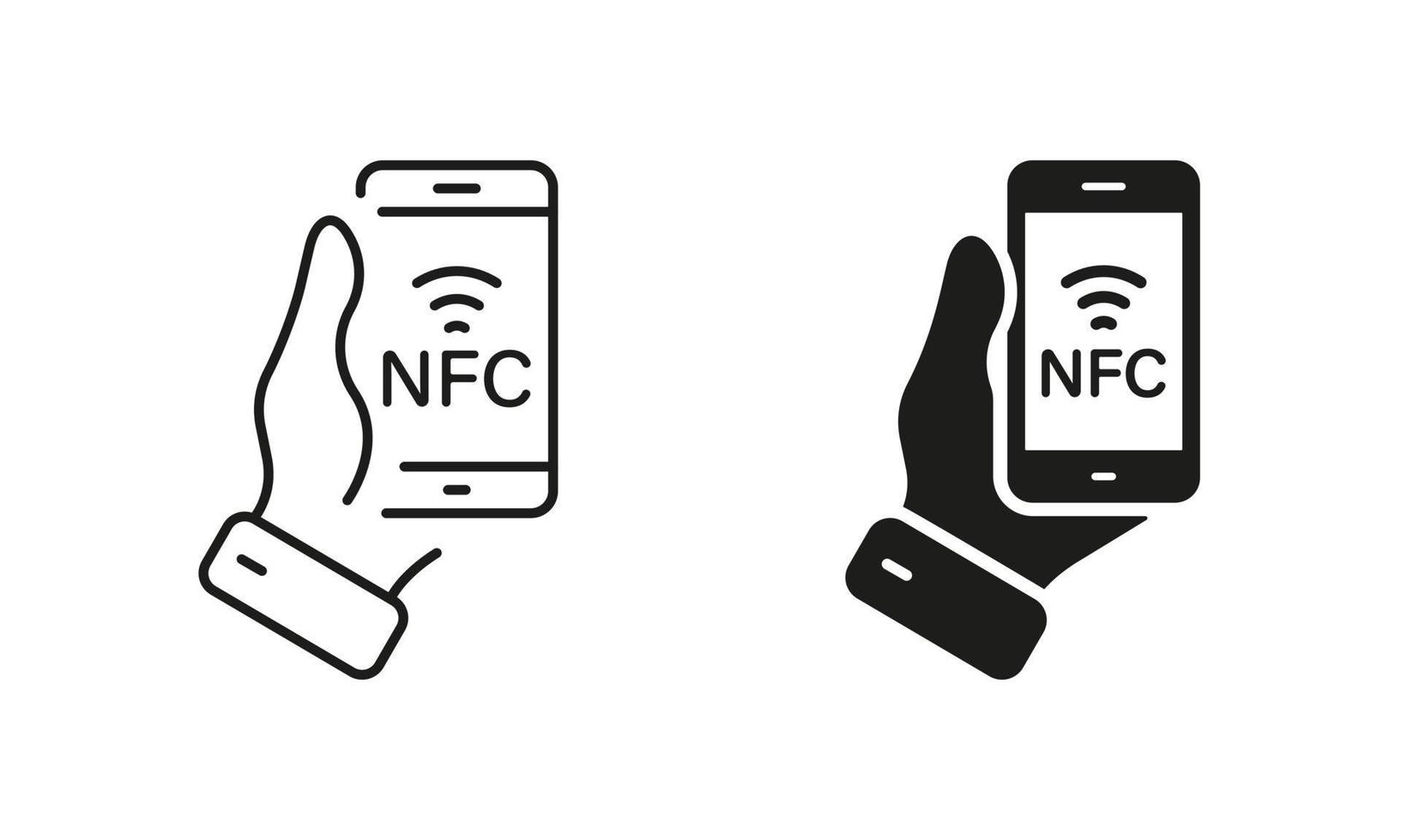 nfc teknologi i mobil telefon linje och silhuett ikon uppsättning. hand håll smartphone kontaktlös betalning för piktogram. betala Vinka symbol samling på vit bakgrund. isolerat vektor illustration.