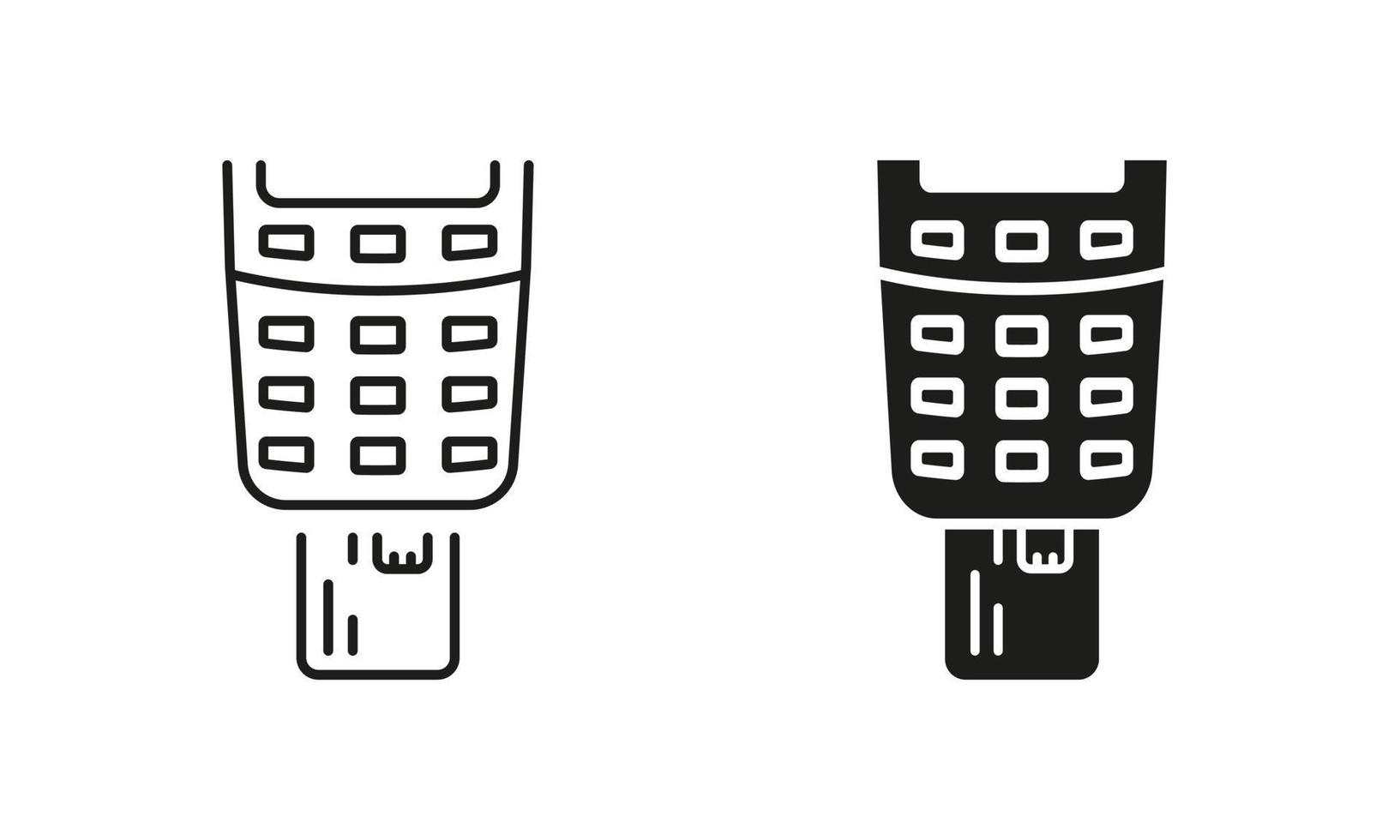 betalning terminal med infogad kreditera kort linje och silhuett ikon uppsättning. Bank service finansiell transaktion piktogram. införing kort i pos symbol på vit bakgrund. isolerat vektor illustration.