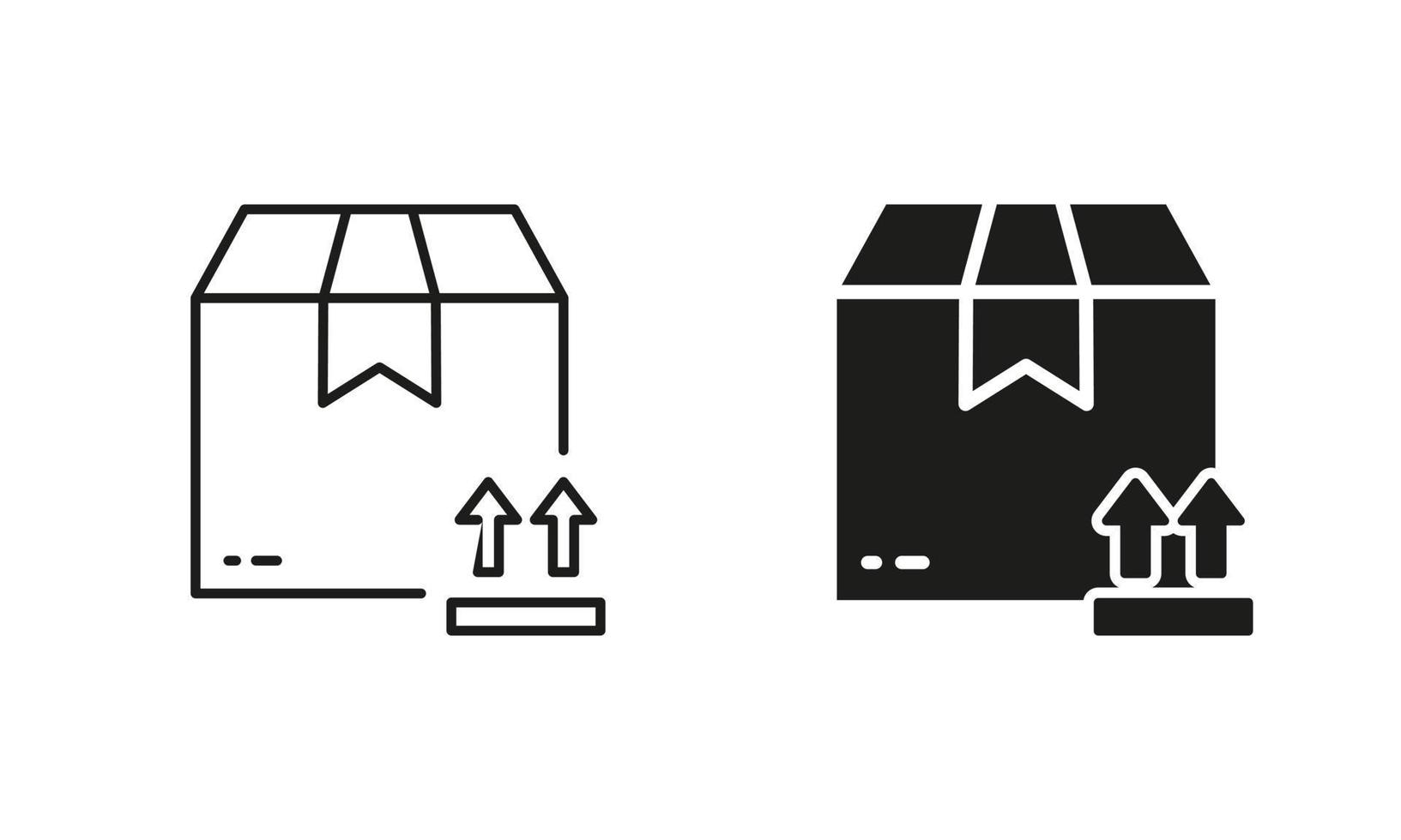 Paket Box diese Seite oben Symbol Silhouette und Linie Symbol Satz. Karton mit Pfeil oben Piktogramm. Lieferung Bedienung Karton Pflege Verpackung Richtung unterzeichnen. editierbar Schlaganfall. isoliert Vektor Illustration.