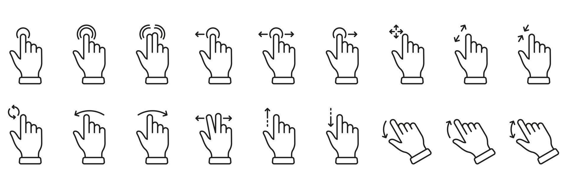 nypa skärm, rotera upp ner på skärm översikt tecken. hand finger Rör, slägga och drag linjär piktogram. gest glida vänster och rätt linje ikon uppsättning. redigerbar stroke. isolerat vektor illustration.