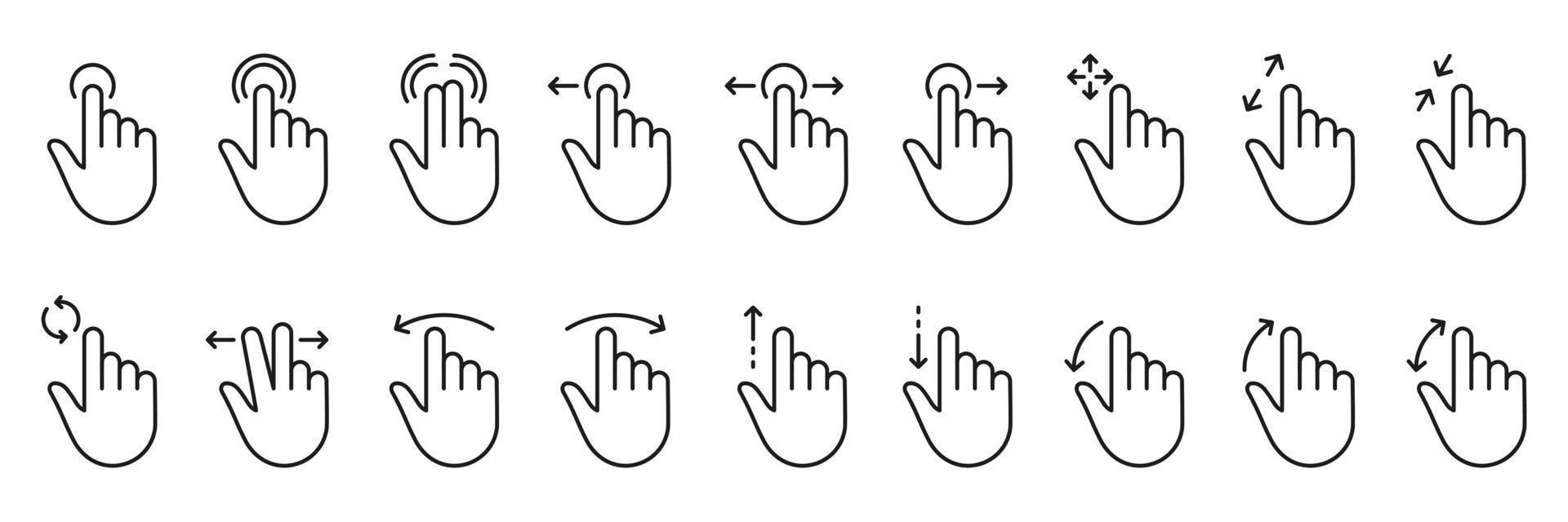 hand finger Rör, slägga och drag översikt ikon uppsättning. nypa skärm, rotera upp ner på skärm linje tecken. gest glida vänster och rätt linjär piktogram. redigerbar stroke. isolerat vektor illustration.