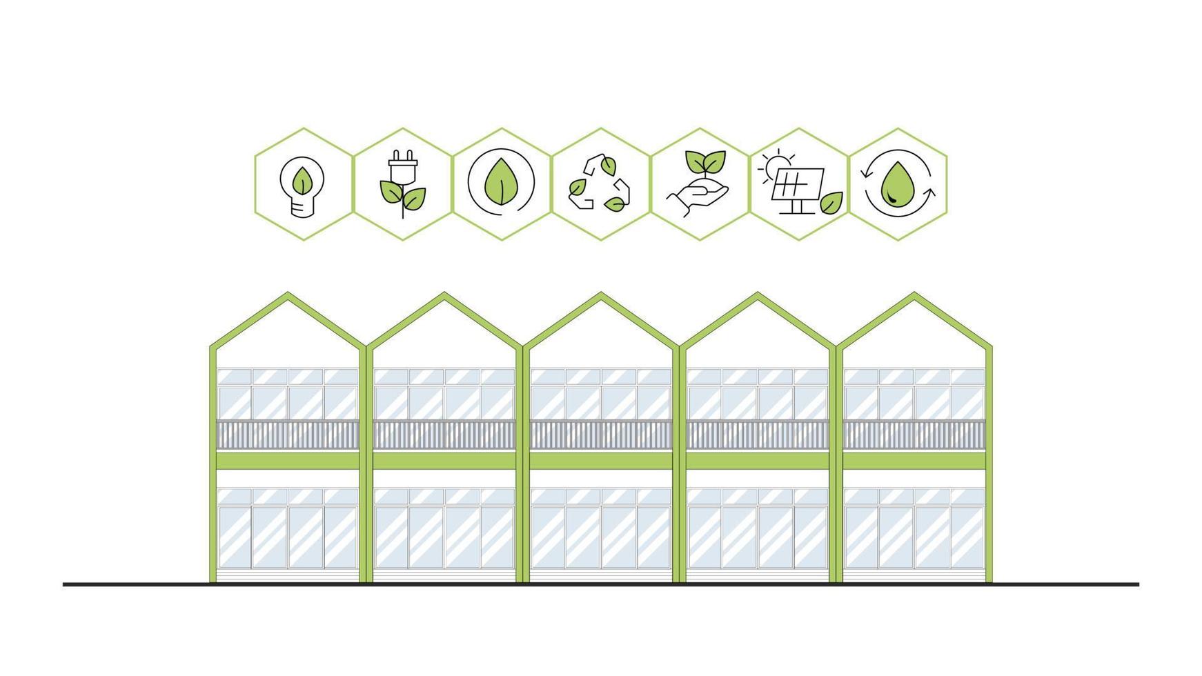 arkitektur eco hållbar miljö begrepp. Hem med ekologi, hållbarhet, miljömässigt, natur översikt och grön Färg, vektor. arkitektur för webb baner, illustration, webb webbplats. vektor