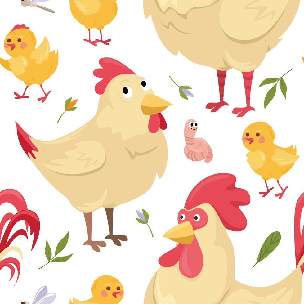 mönster höna och tupp med kycklingar på en vit bakgrund. söt kyckling familj med kycklingar i tecknad serie stil på ett isolerat bakgrund. vektor