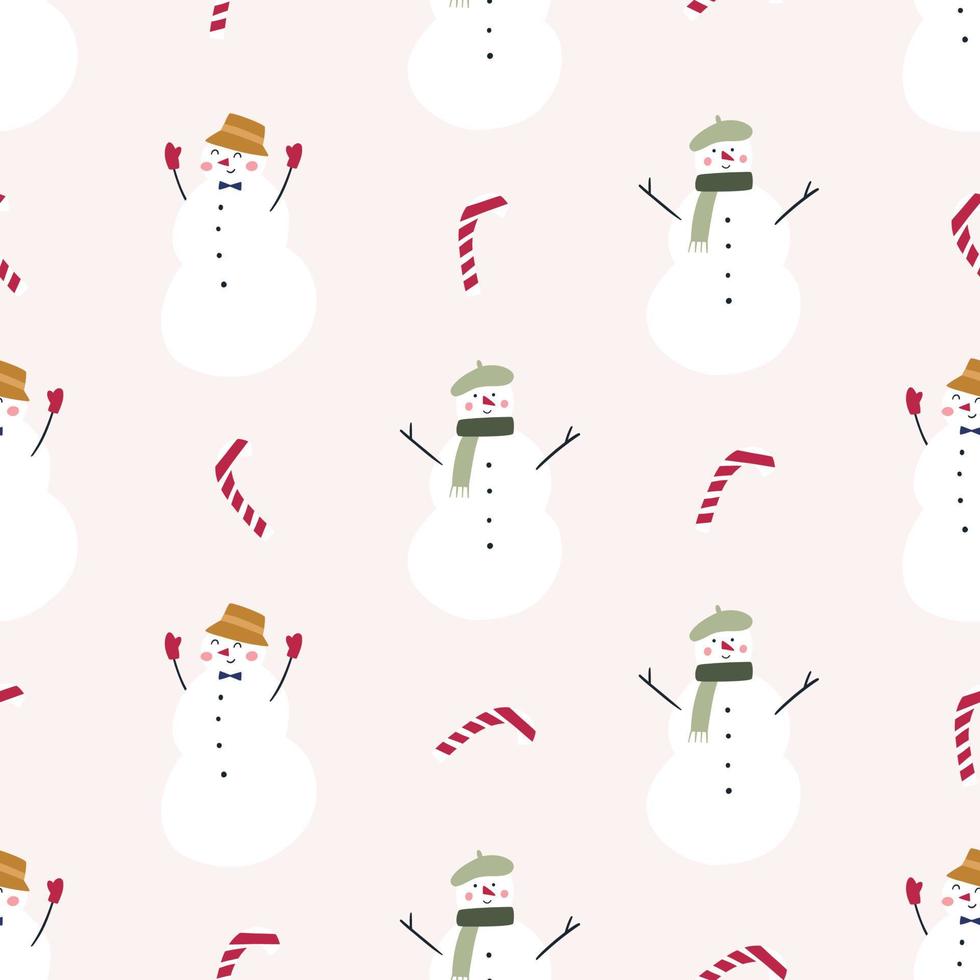 söt och glad snögubbe sömlös mönster, tecknad serie platt vektor illustration. hand dragen barnslig jul bakgrund. bra för säsong- omslag papper.