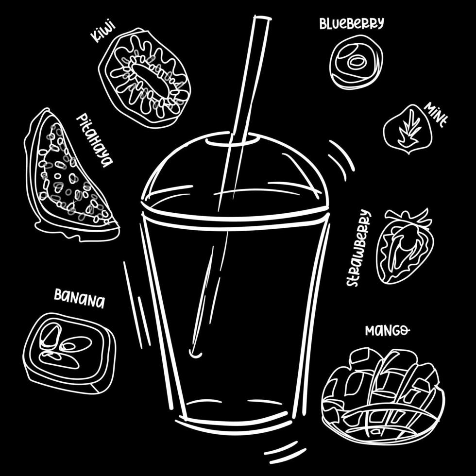 översikt av en kopp med en sugrör för drycker på en svart bakgrund. vit översikt av frukt. en ritad för hand tömma glas Nästa till frukt och bär. svartvit grafik. illustration för utskrift på de meny vektor