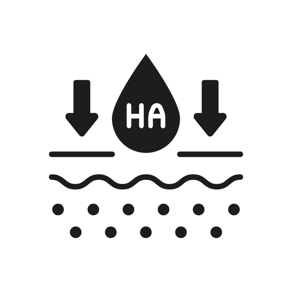 hyaluronic Acid Molekül auf Haut Struktur Silhouette Symbol. Dermatologie Zutat Symbol. chemisch Kosmetologie zum Hautpflege Glyphe Piktogramm. kosmetisch Komponente. isoliert Vektor Illustration.