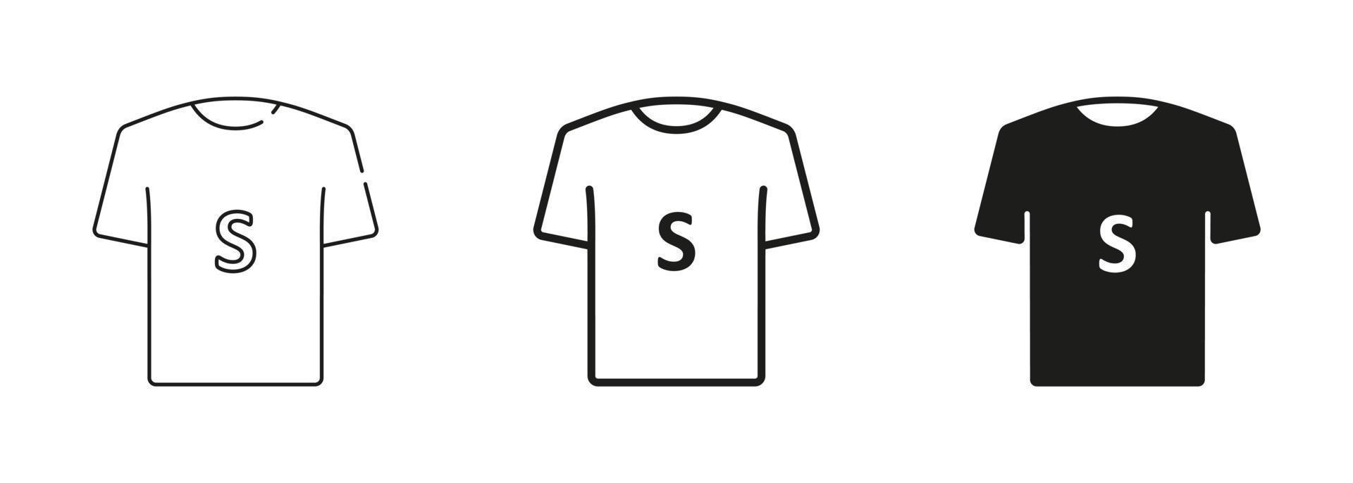 t-shirt storlek svart silhuett och linje ikoner uppsättning. mänsklig Kläder små storlek märka. man eller kvinna t-shirt s storlek märka. isolerat vektor illustration.