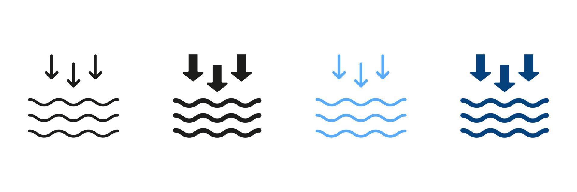 låg tidvatten silhuett och linje ikon uppsättning. vågor på de hav eller hav svart och Färg symbol samling. isolerat vektor illustration.