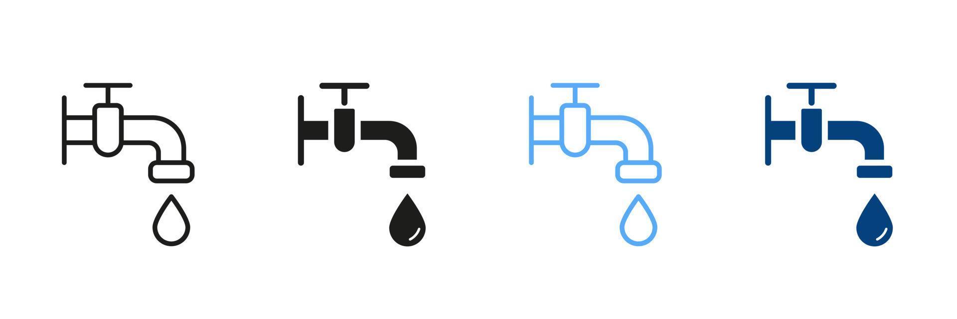 kran och släppa av vatten svart och Färg piktogram. vatten kran med klassisk ventil silhuett och linje ikon uppsättning. badrum symbol offentlig service, VVS symbol samling. vektor isolerat illustration.