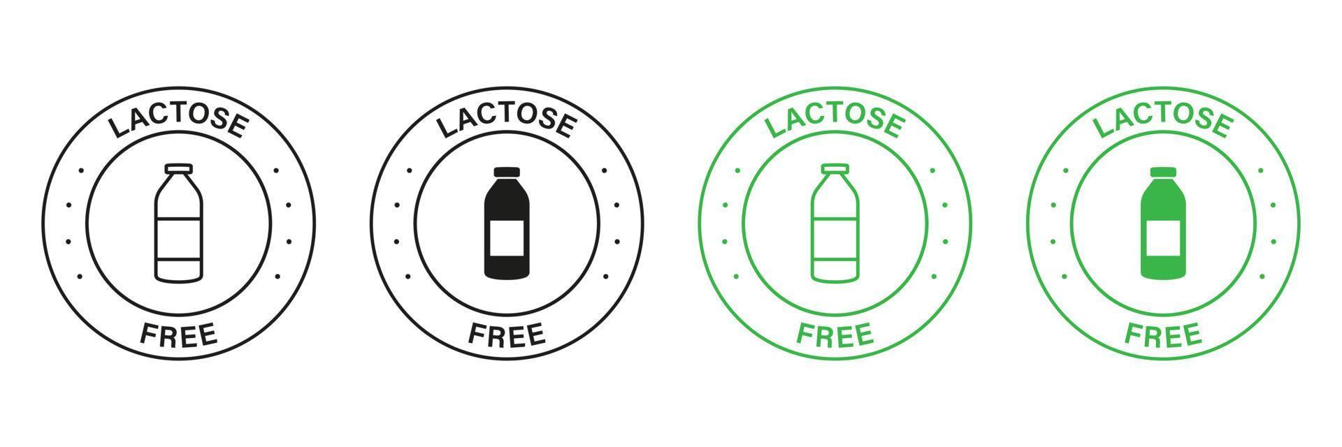 laktos fri grön och svart stämpel uppsättning. 100 procent fri mejeri mat ikon. allergen ingrediens märka. eco naturlig produkt fri laktos symbol. Nej laktos i mjölk logotyp. isolerat vektor illustration.