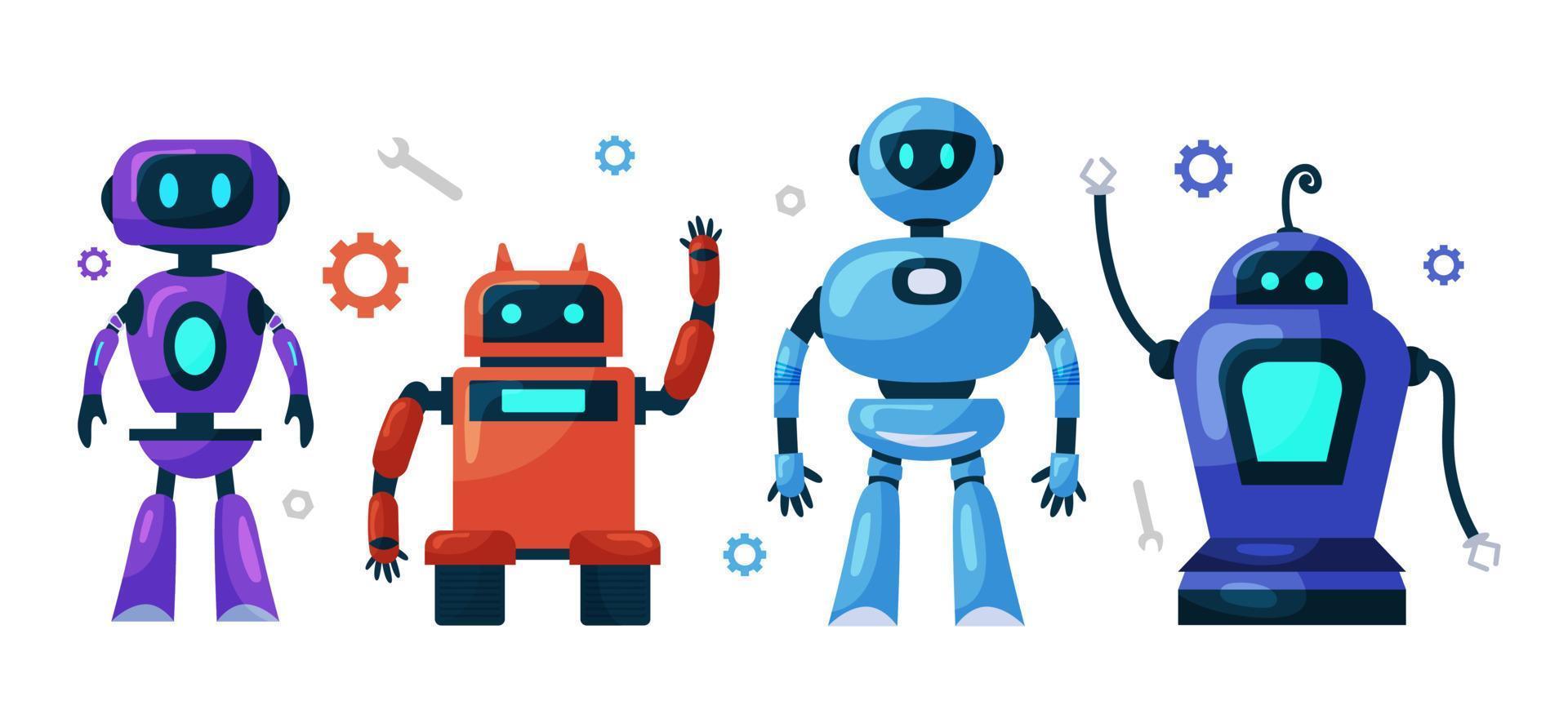 einstellen von süß Roboter, Chatbots, ai Bots Zeichen Design Vektor. ai Technologie und Cyber Figuren. futuristisch Technologie Bedienung und Kommunikation künstlich Intelligenz Konzept vektor