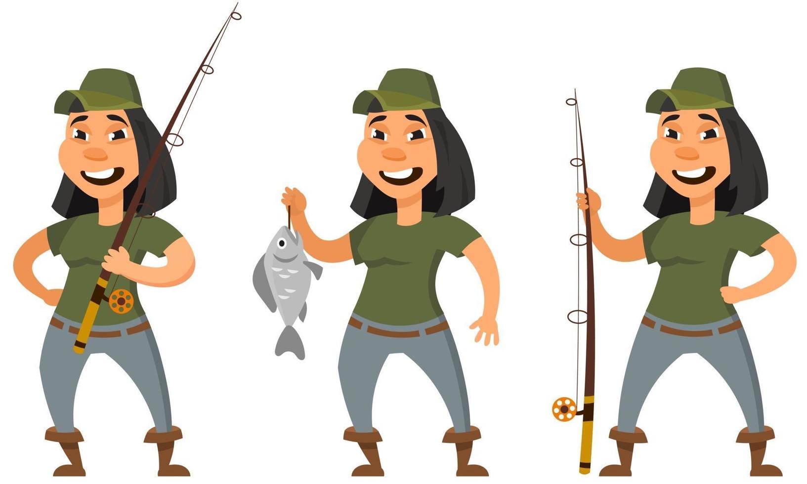 fiskare i olika poser. kvinnlig karaktär i tecknad stil. vektor