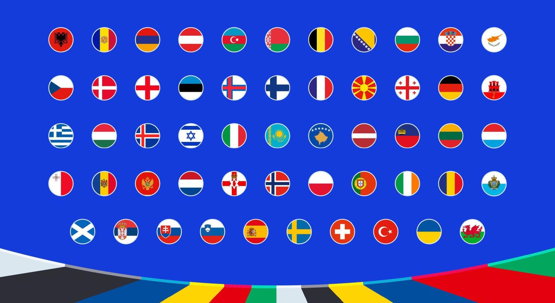 Flaggen von Qualifikation europäisch Fußball Turnier 2024 Teilnehmer sind aufgeführt alphabetisch. vektor