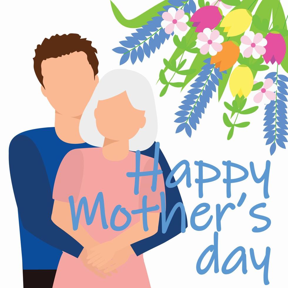 Lycklig mors dag kort. mamma och son. ett gammal kvinna med en pojke är kramar. vektor illustration