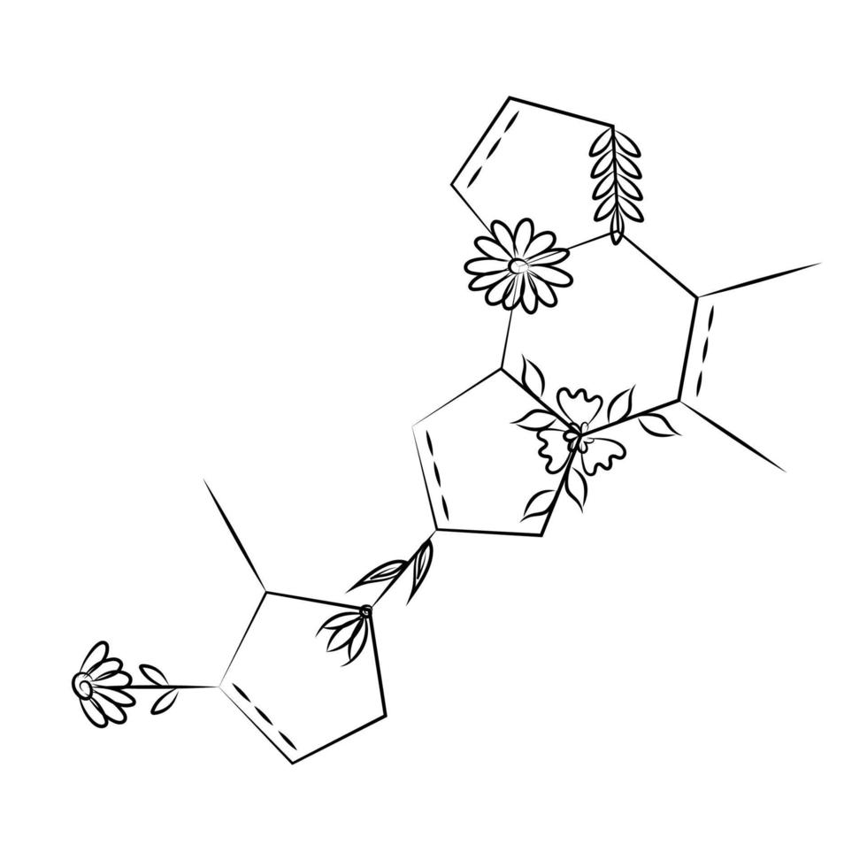 teckning från kemisk molekyl obligationer, kristall gitter med blommor. natur skydd, förorening kontrollera. tatuering. esg baner begrepp. vektor