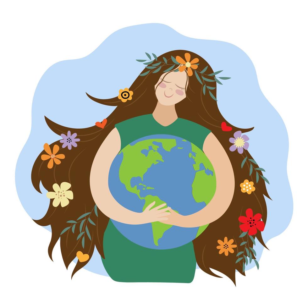 Mädchen im Blumen Umarmungen Planet Erde mit Liebe und Pflege. das Konzept von behalten das Erde gesund. Erde Tag und Speichern Planet. speichern unser Planet. vektor