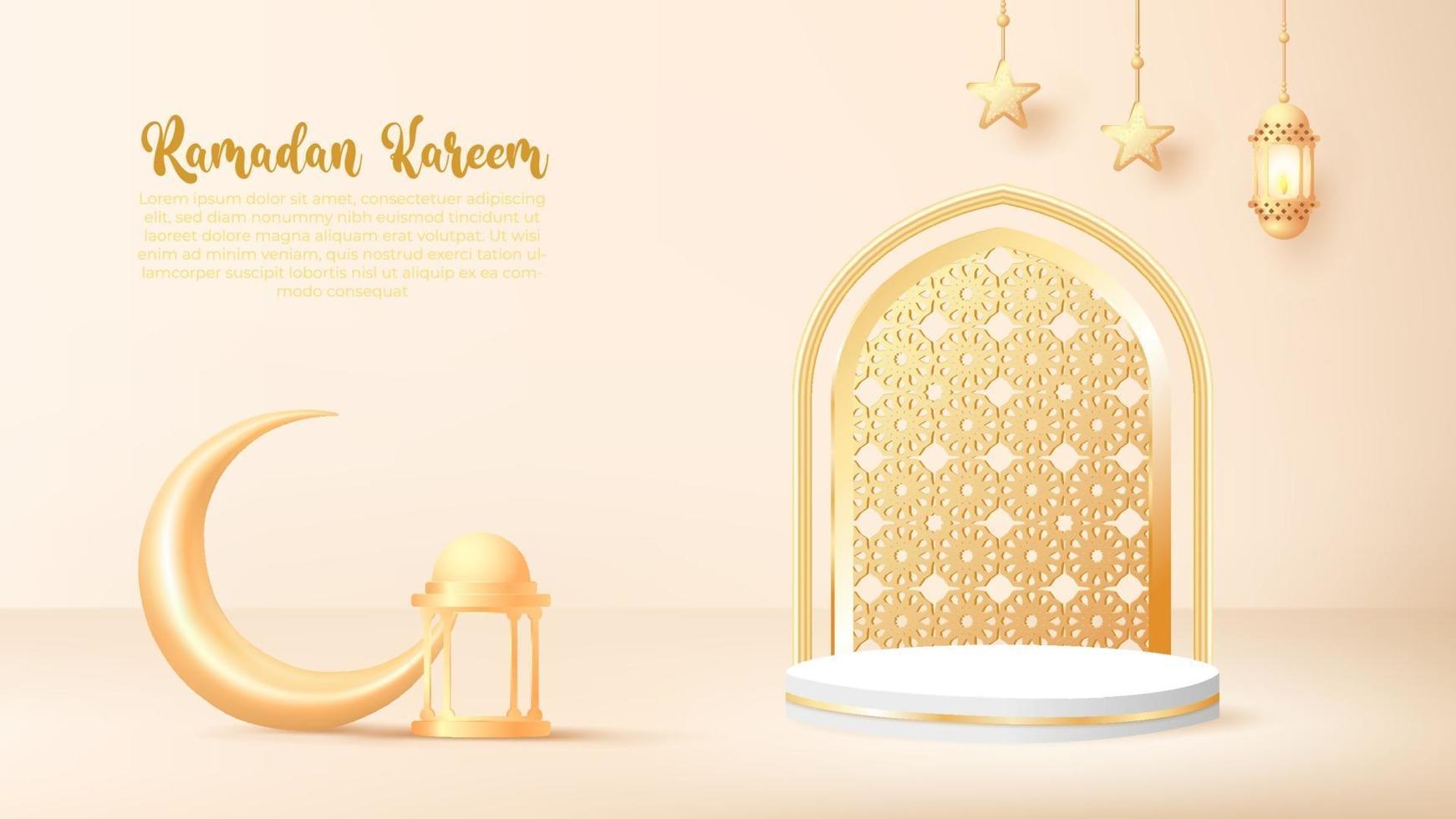 3d ramadan kareem hintergrund mit goldener lampe und podium. vektor