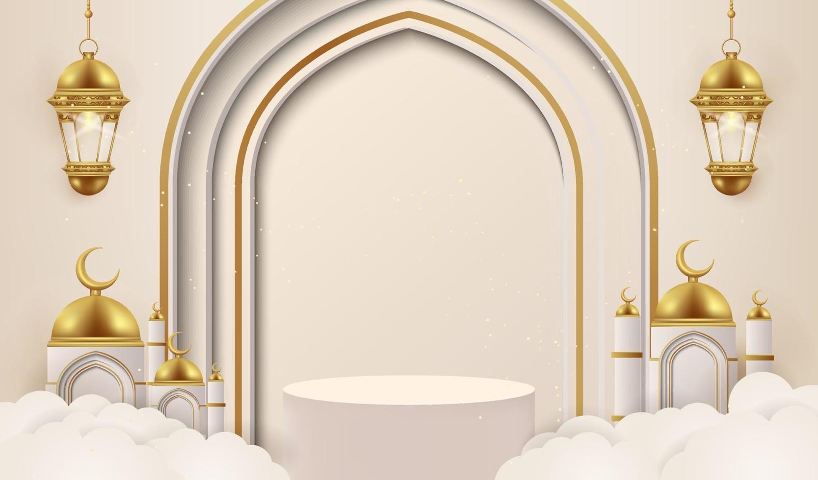 3d ramadan kareem hintergrund mit goldenen lampen und podium. vektor