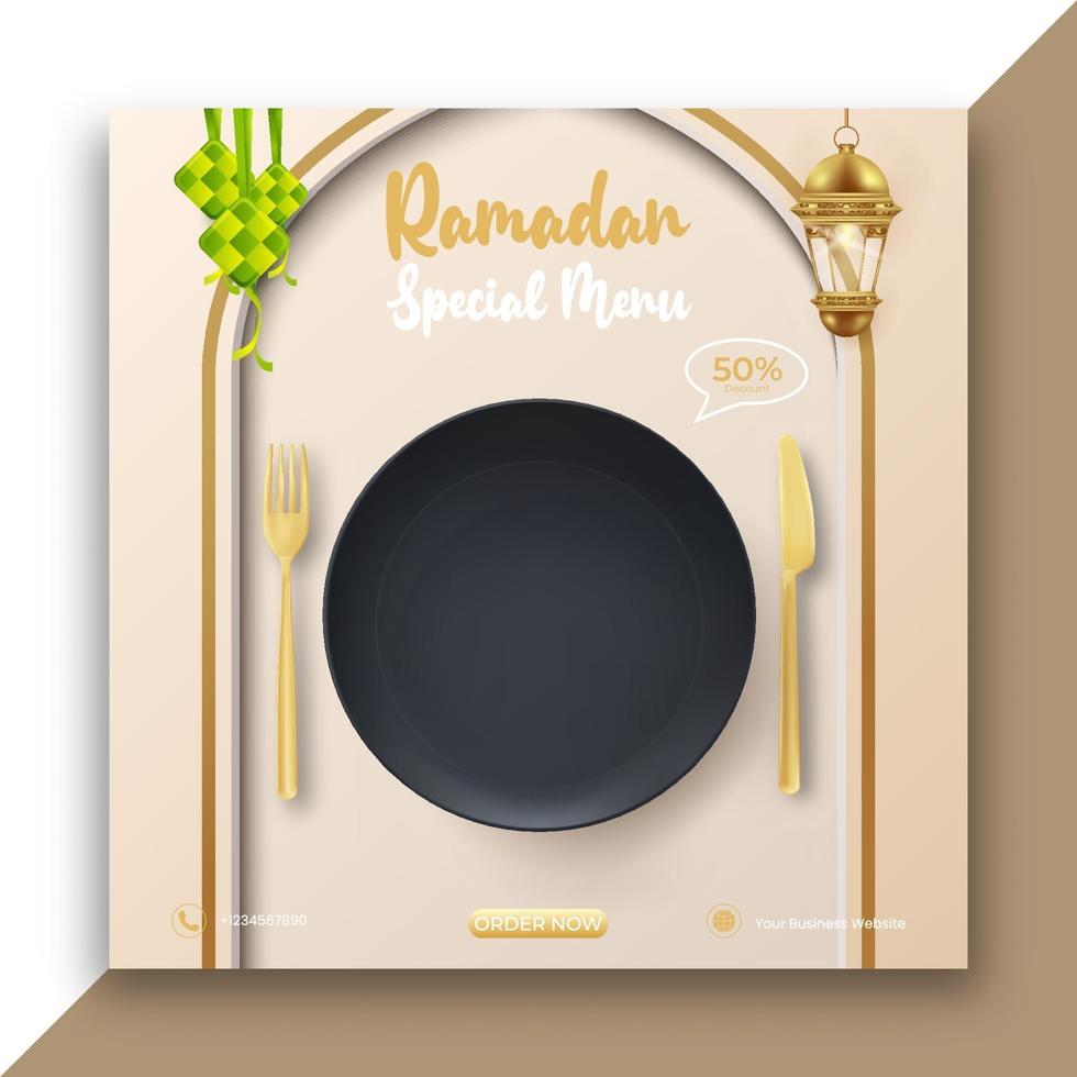 Ramadan Food Bannerwerbung mit realistischer schwarzer Platte. bearbeitbare Ramadan Social Media Post Vorlage. vektor