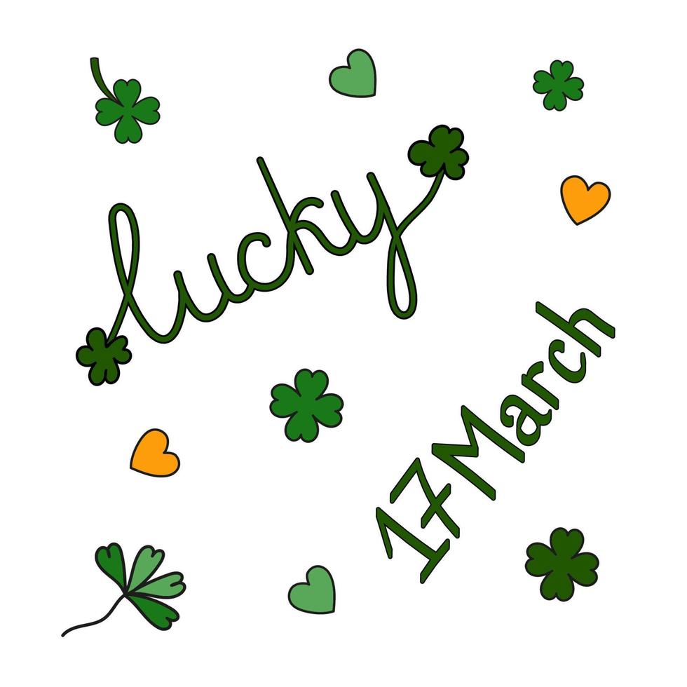 Patricks Tag Inschrift März 17 Glücklich Vektor isoliert auf Weiß Hintergrund Symbol Gekritzel irisch Zeichen