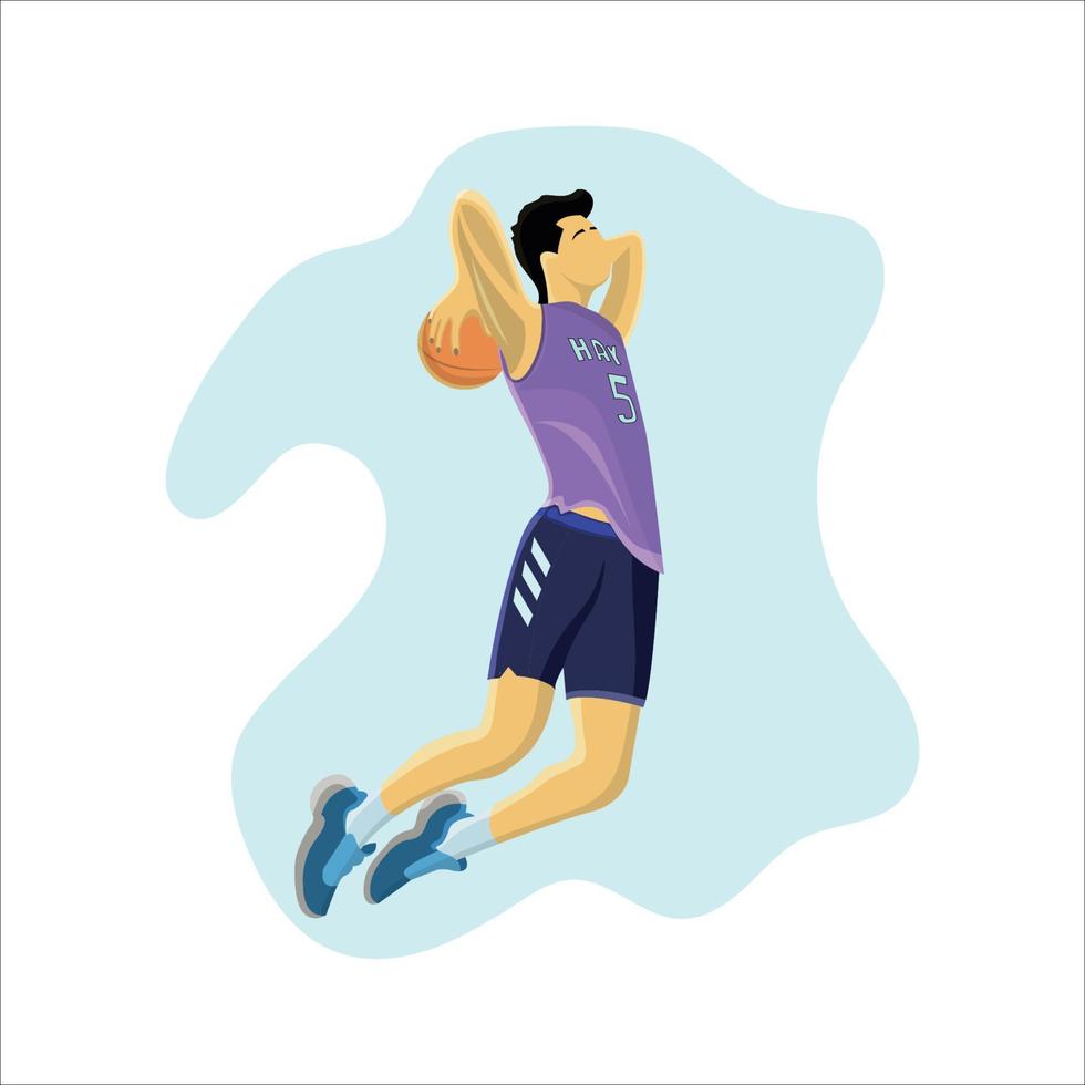 Vektor fliegend Basketball Spieler ist Über zu Dunk Ergebnis hoch im Luft eben Vektor Illustration Design